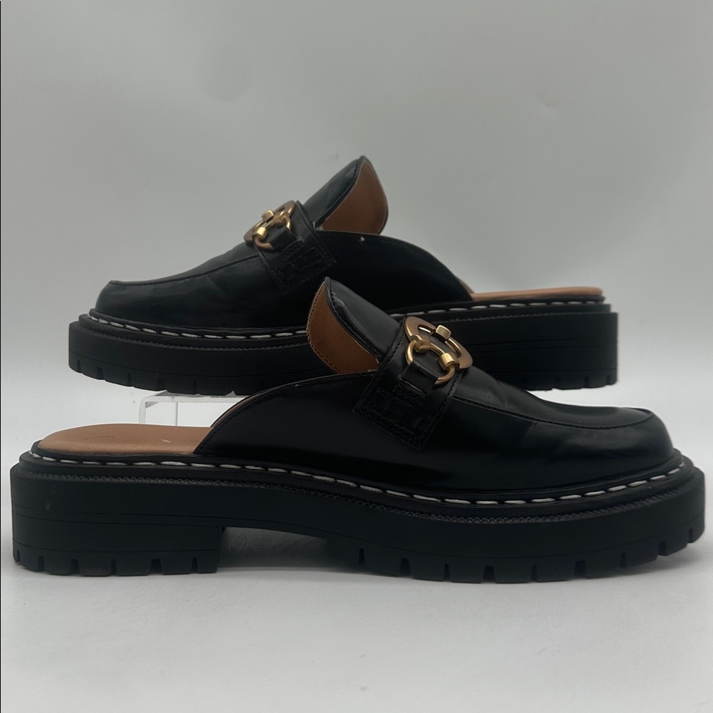 Black Leather Slip-On Mule Loafers with Gold Chain Detail - Picture 2 of 16